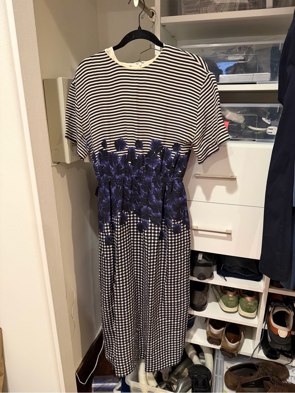 Mother of Pearl Navy and Cream Silk Striped Dress